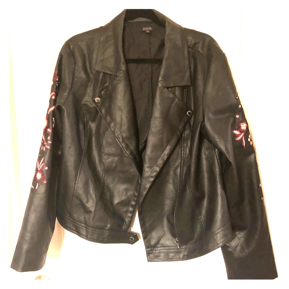 GUESS XL Faux Leather Moto Jacket with Flowers